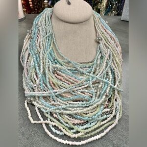 Aldo Pink, Blue And White Multi Strand Seed Beaded Silver Tone Collar Necklace.